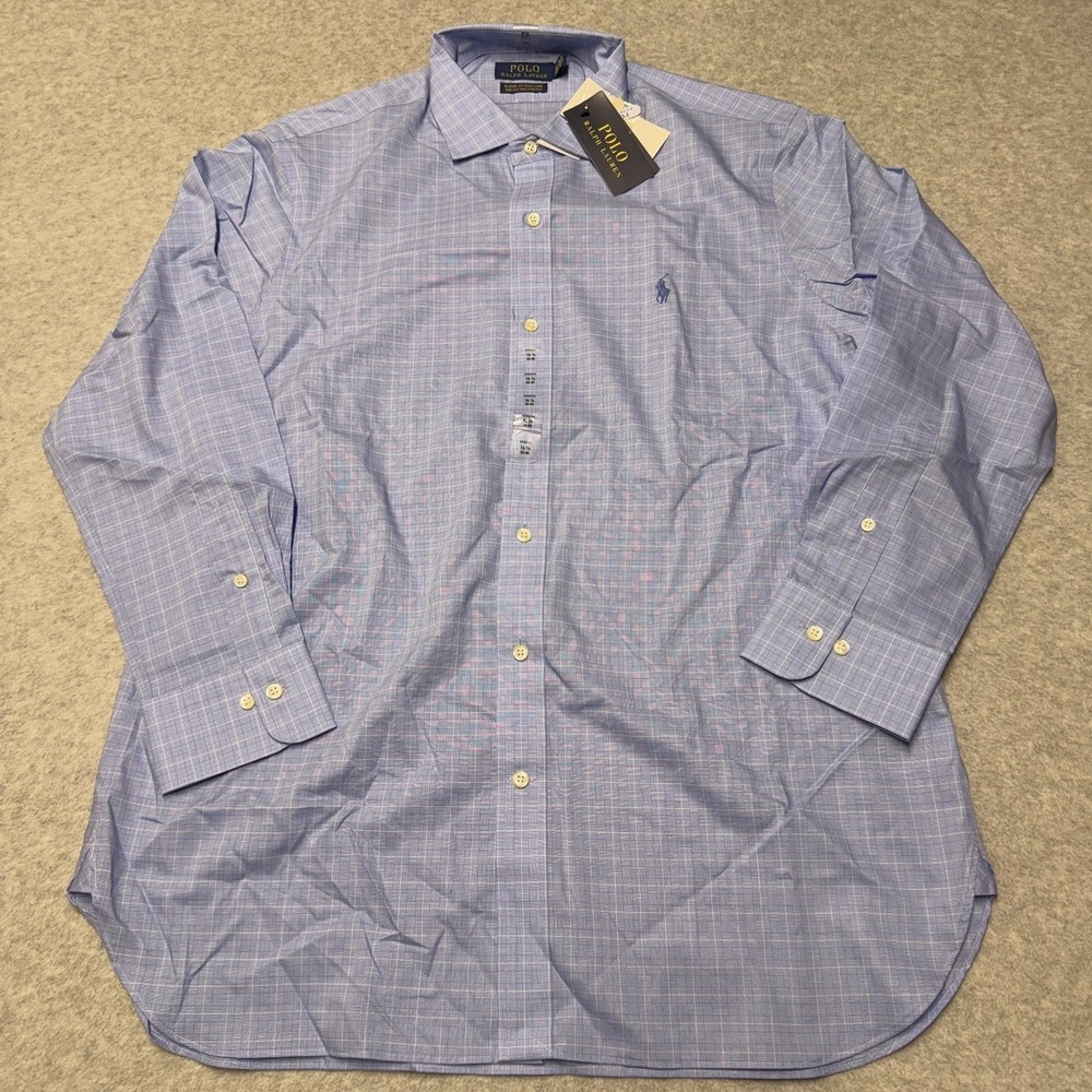 Polo Ralph Lauren Dress Shirt Mens 16.5 32/33 Blue Check Easy Care Stretch